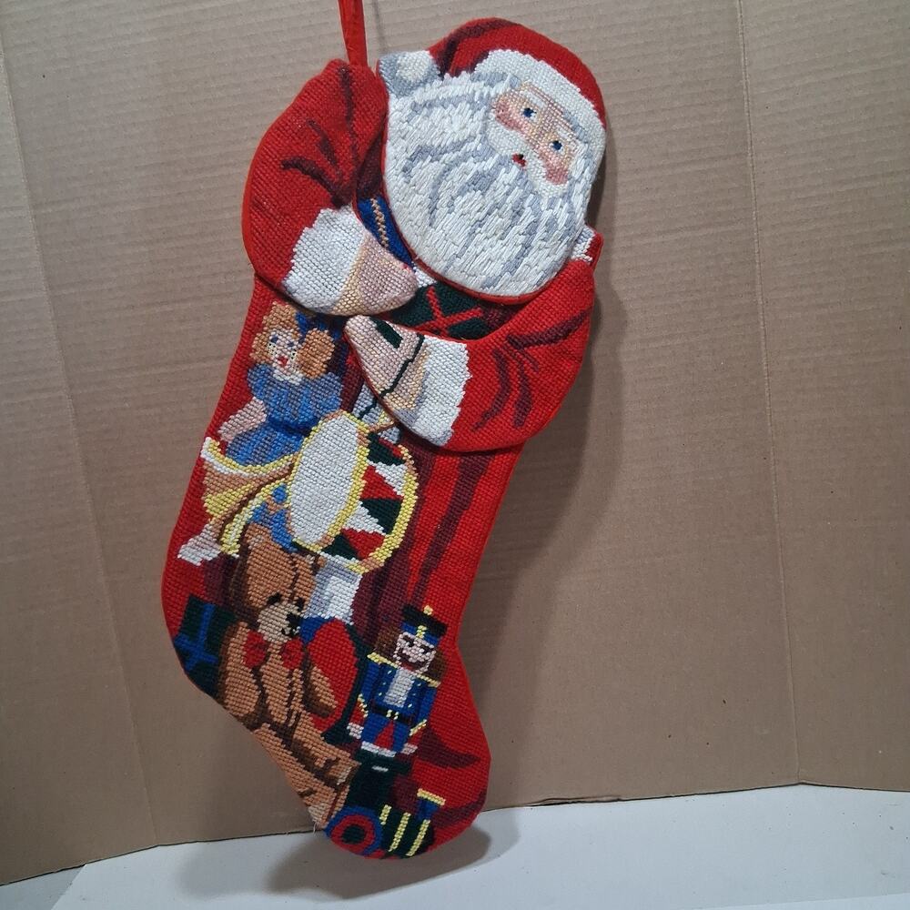 Vintage Santa Claus Needlepoint Christmas Stocking 17"